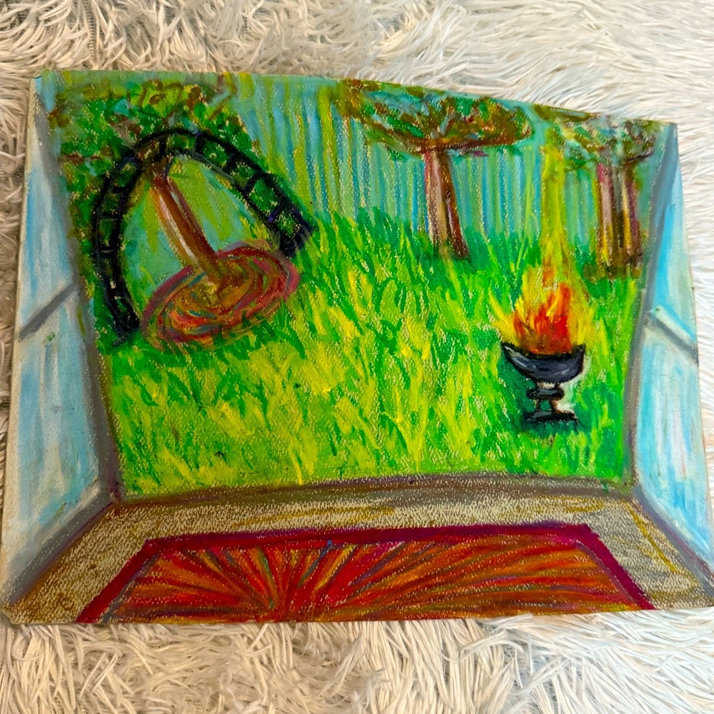Oil pastel, backyard, August 2022… 12x9”. Art by me :)